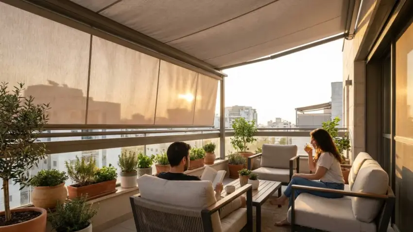 זוג נרגע במרפסת מעוצבת עם סוככי גלילה הצללה, צמחים ונוף עירוני בשקיעה