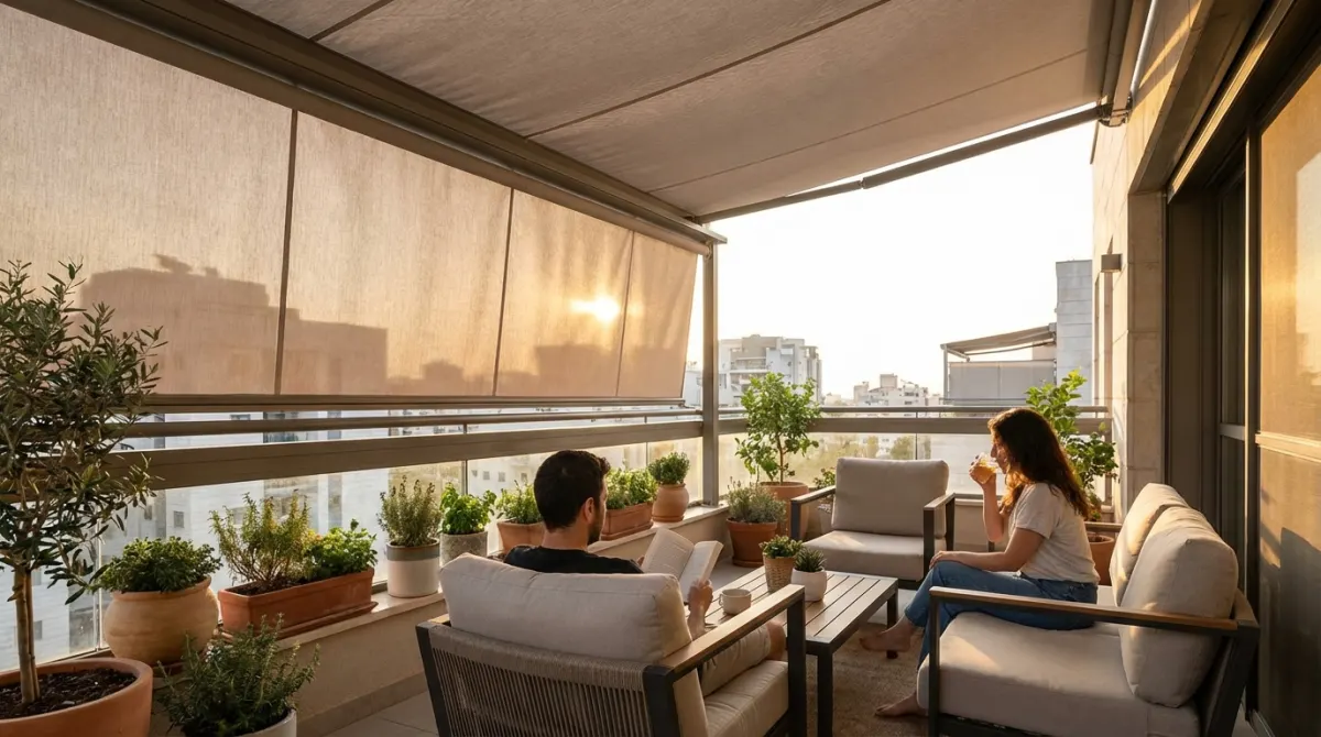 זוג נרגע במרפסת מעוצבת עם סוככי גלילה הצללה, צמחים ונוף עירוני בשקיעה