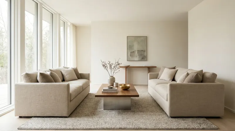 עיצוב סלון בסגנון מינימליסטי ורגוע, הכולל שתי ספות בד בצבע בז', שולחן קפה מעץ מלא, שטיח גדול וחלונות ענקיים המכניסים אור טבעי.