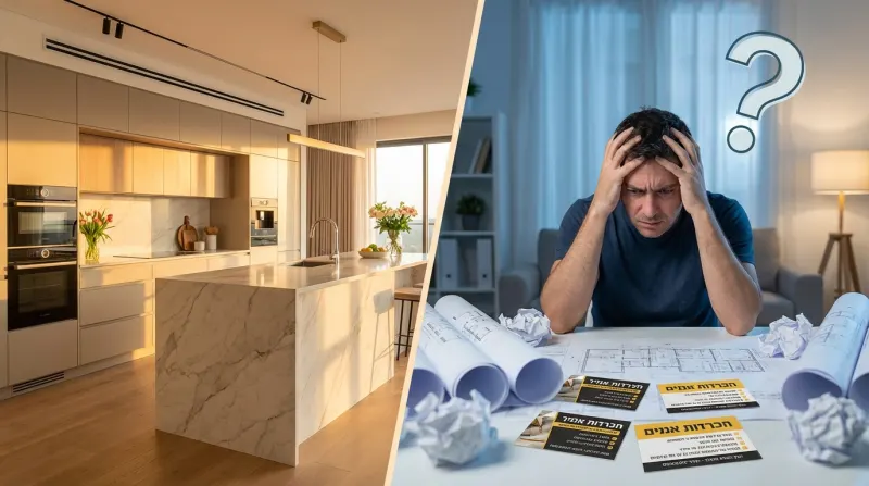 תמונה מפוצלת המציגה מטבח יוקרתי ומודרני מצד אחד, וגבר לחוץ ומבולבל מול תוכניות שיפוץ וכרטיסי ביקור של קבלנים מצד שני